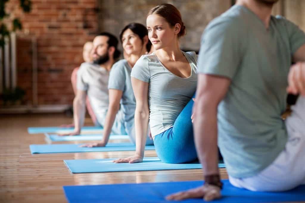 fitness, sport and healthy lifestyle concept - group of people doing yoga seated spinal twist pose in gym or studio